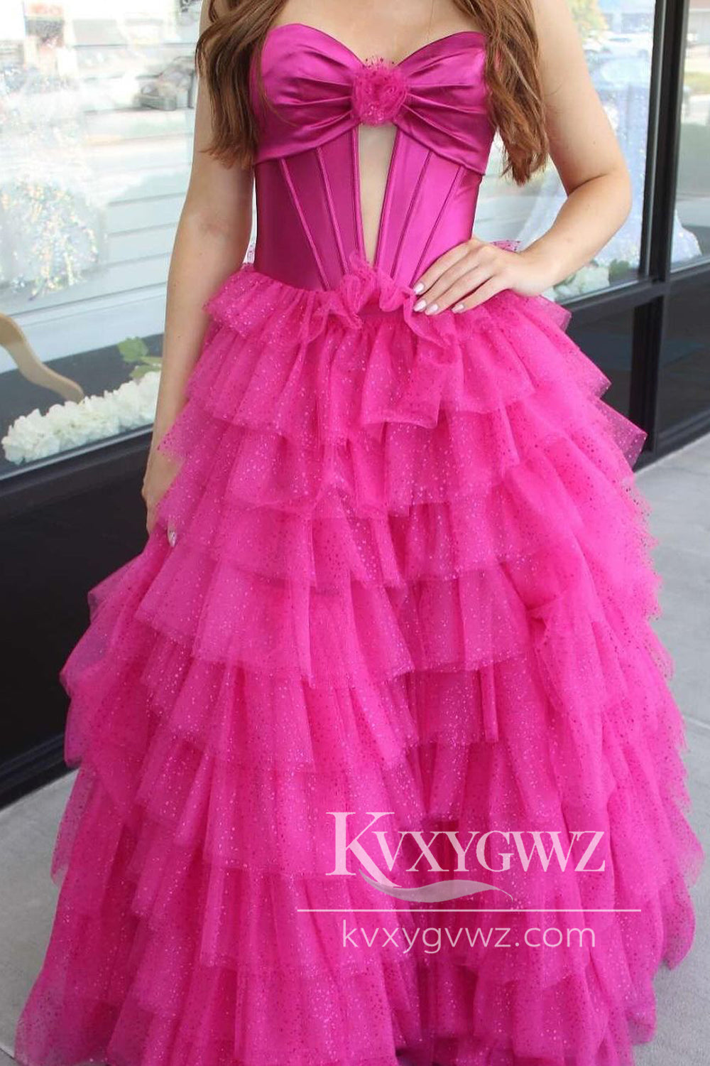 Ball Gown Sweetheart Evening Gown Hot Pink Tiered Tulle Long Prom Dress LF1081