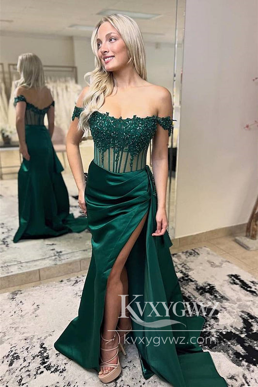 Mermaid Off the-Shoulder Evening Gown Green Satin Prom Dress with Appliques LF1082