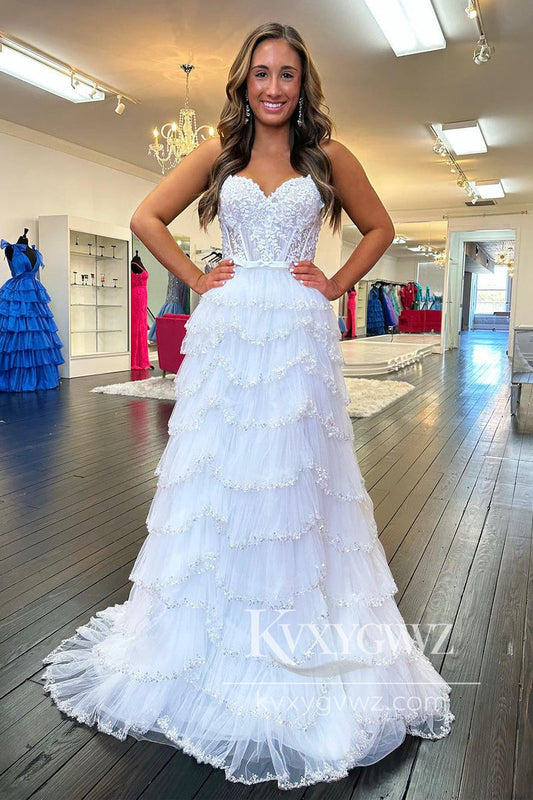 White Tulle Appliques Evening Gown Sweetheart Long Prom Dress with Slit LF1083