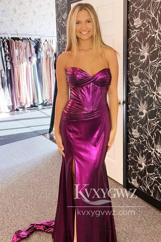 Purple Sweetheart Evening Gown Ruching Trumpet Long Prom Dress with Slit LF1084