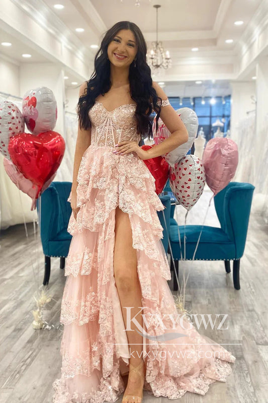 Pink A-Line Evening Gown Off The Shoulder Sweep Train Tiered Prom Dress With Slit LF1086
