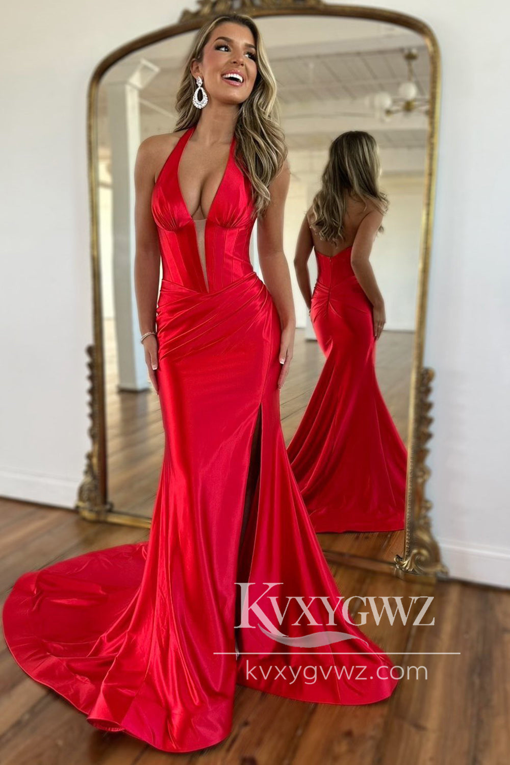 Sexy Mermaid Halter Evening Gown Red Satin Long Prom Dress with Slit LF1087