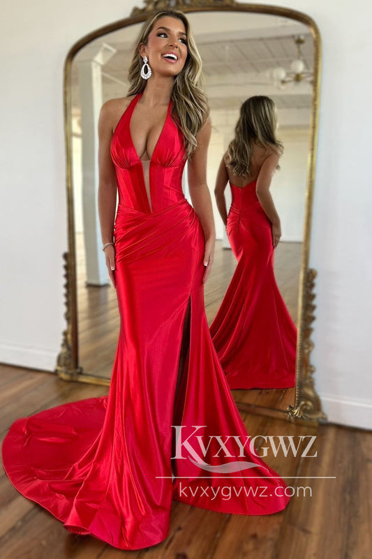 Sexy Mermaid Halter Evening Gown Red Satin Long Prom Dress with Slit LF1087