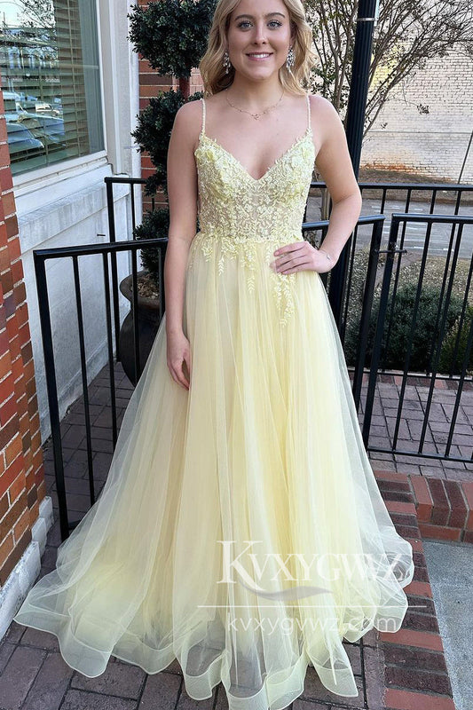 Spaghetti Strap Yellow Evening Gown V Neck Tulle Long Prom Dress with Appliques LF1089