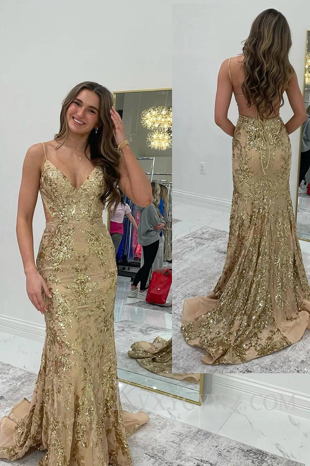 Sparkly Blue Mermaid Sequins Long Backless Prom Dress LF109