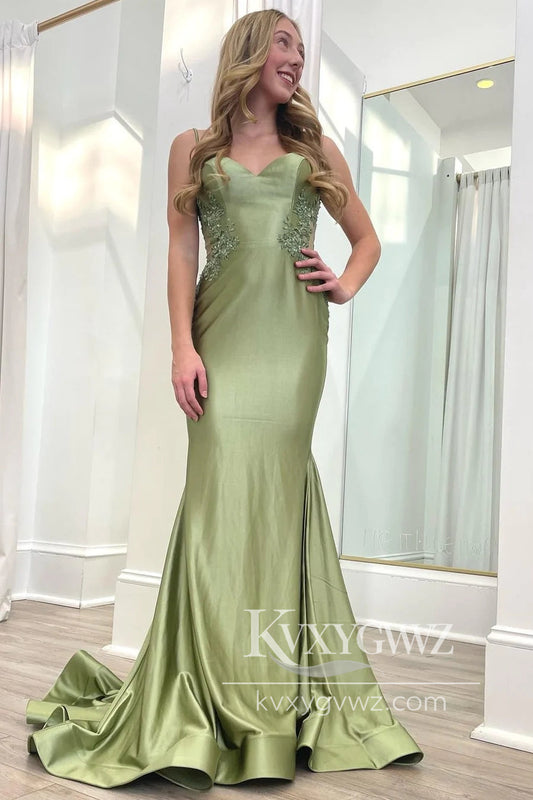 Sage Green Sweetheart Evening Gown Spaghetti Strap Backless Trumpet Long Prom Dress LF1091