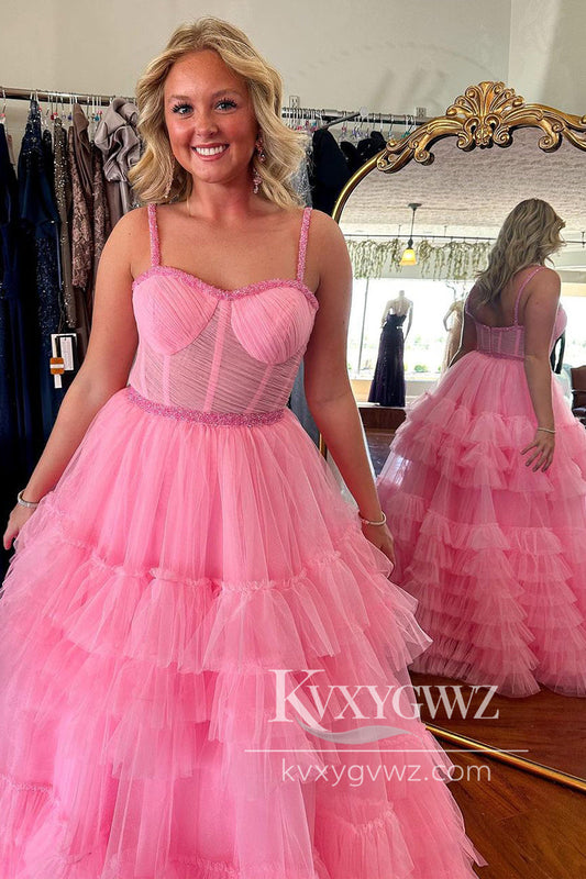 Pink Ruffle Tiered Tulle Evening Gown Sweetheart Long Prom Dress with Beading LF1092