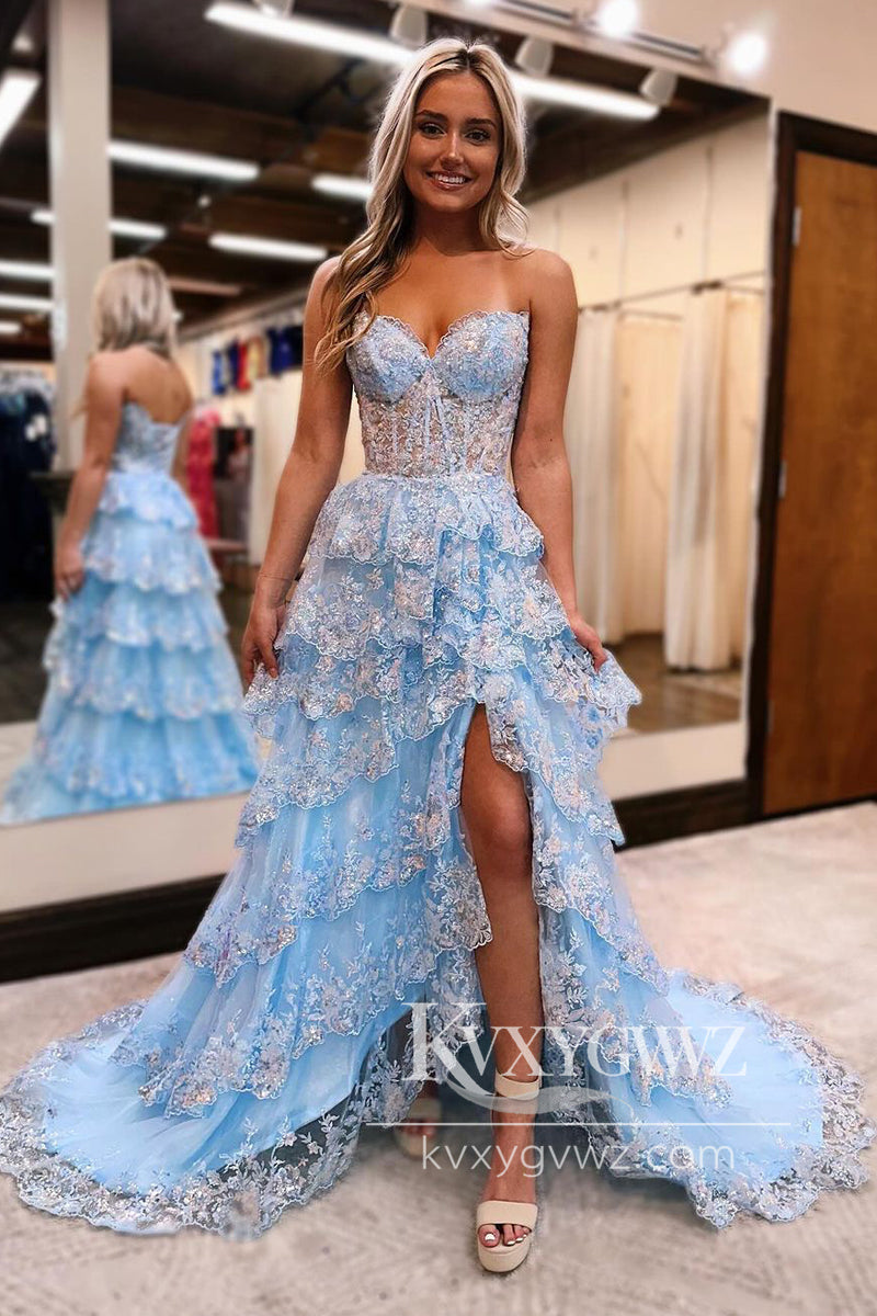 Stunning A Line Evening Gown Light Blue Ruffle Tiered Tulle Prom Dress with Appliques LF1097