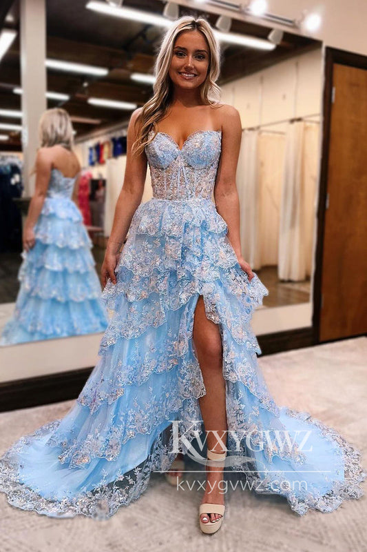 Stunning A Line Evening Gown Light Blue Ruffle Tiered Tulle Prom Dress with Appliques LF1097