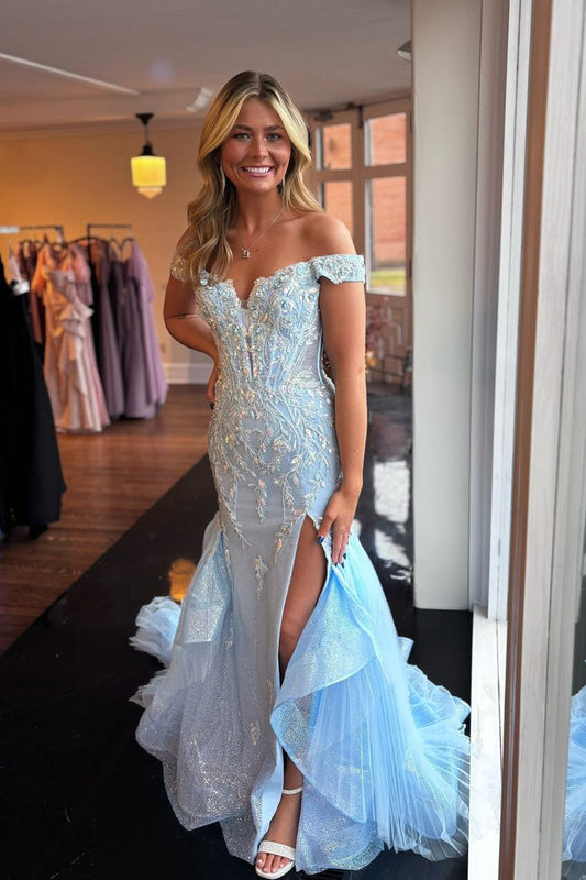 Stunging Mermaid Off the Shoulder Light Blue Lace Prom Dress Gown with Appliques LF1279