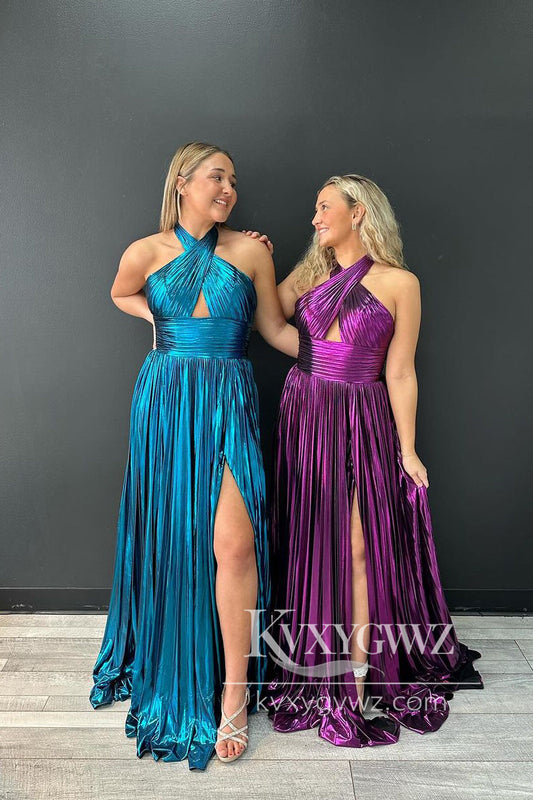 Purple Halter Evening Gown Pleated Satin A-Line Prom Dress with Slit LF1099
