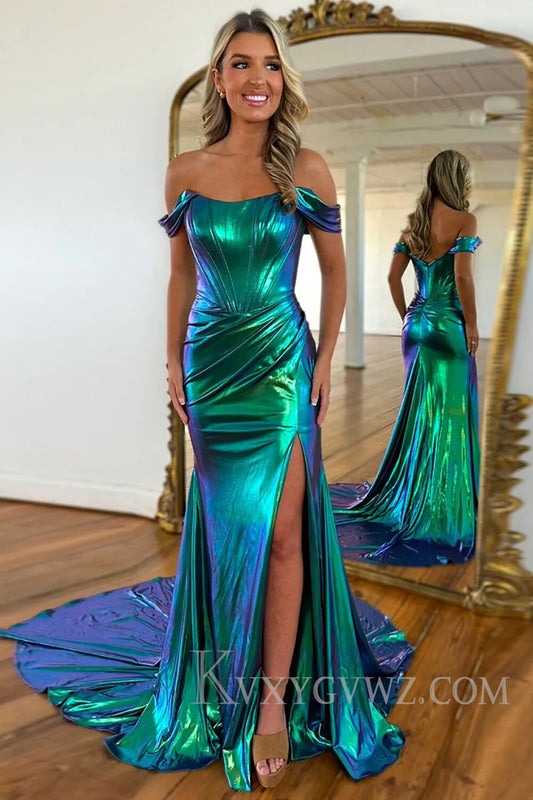 Emerald Green Ruched Corset Metallic Mermaid Prom Dress with Slit LF110