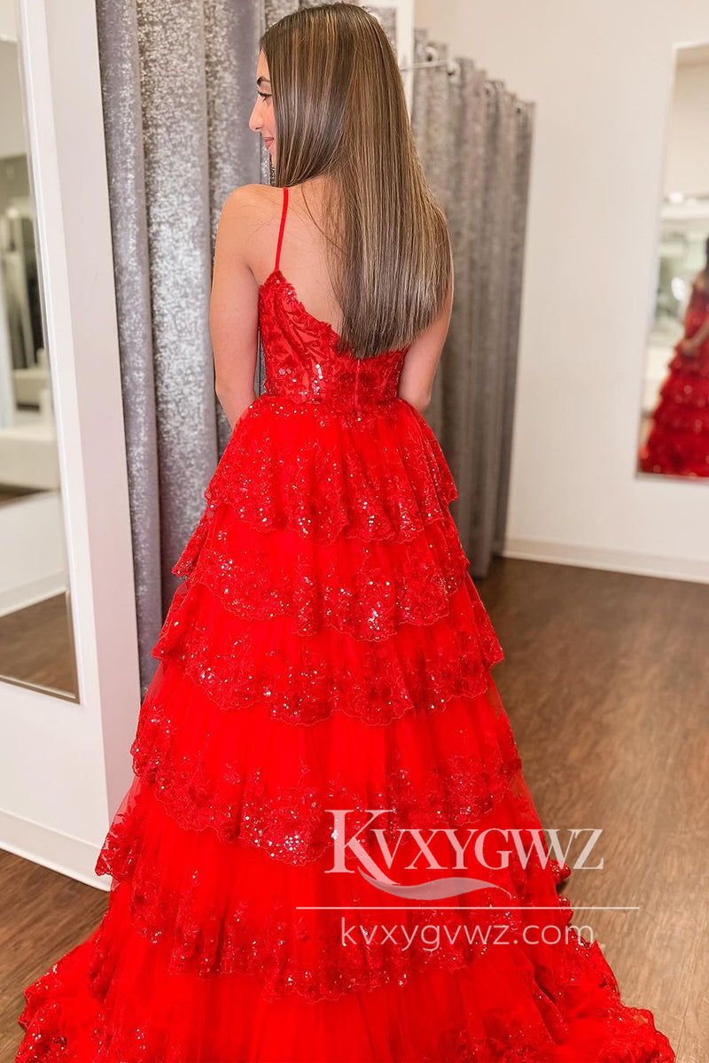 Spaghetti Strap Red Sequin Lace Evening Gown V Neck Tiered A-Line Long Prom Dress LF1100