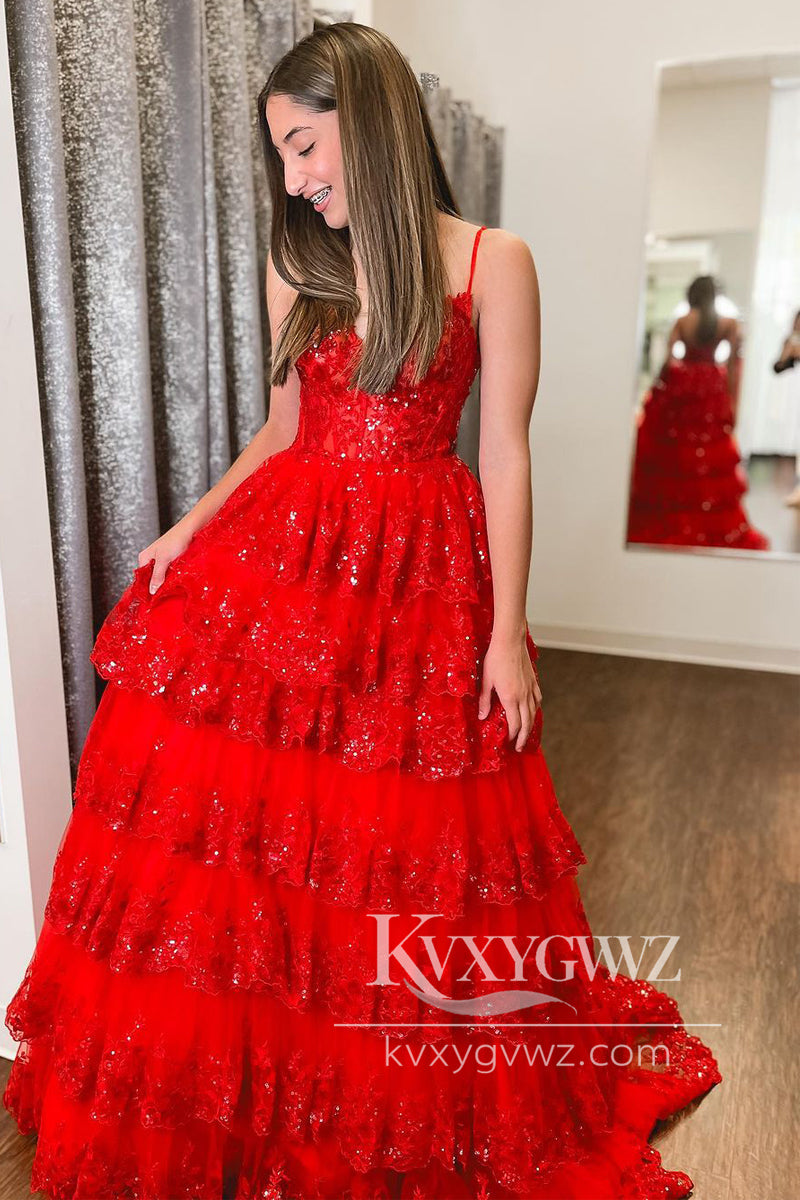 Spaghetti Strap Red Sequin Lace Evening Gown V Neck Tiered A-Line Long Prom Dress LF1100