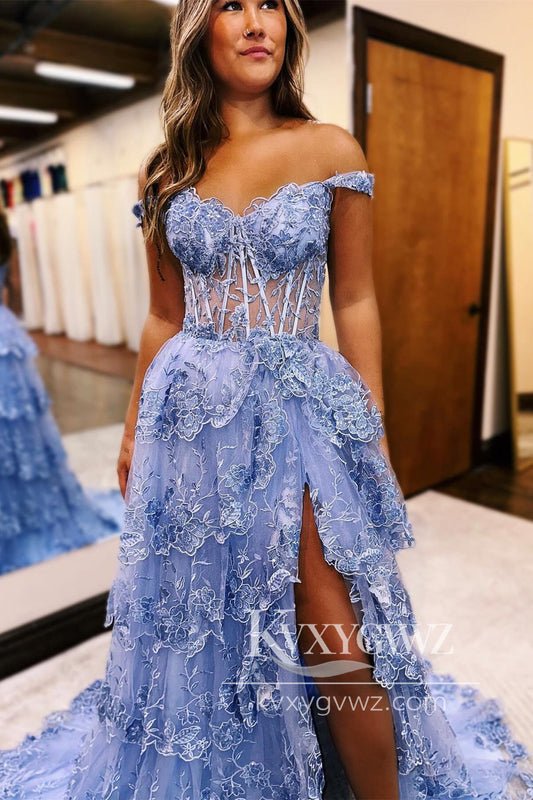 Periwinkle Tulle Appliques Evening Gown Off-the-Shoulder Ruffle Long Prom Dress LF1101