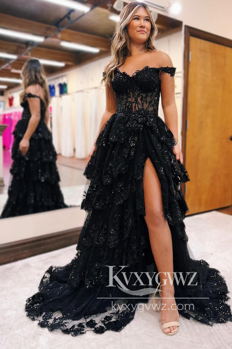 Periwinkle Tulle Appliques Evening Gown Off-the-Shoulder Ruffle Long Prom Dress LF1101