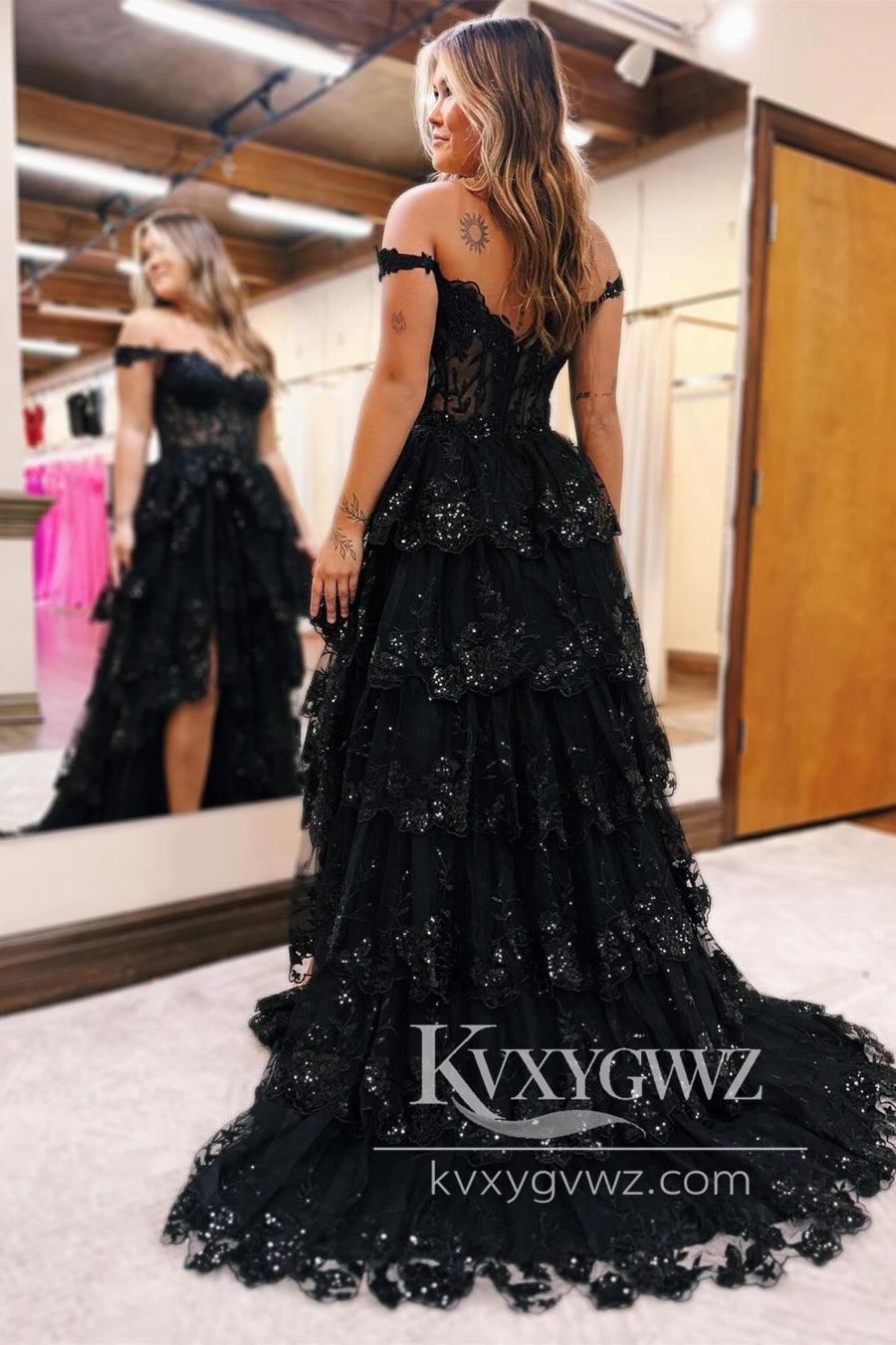 Periwinkle Tulle Appliques Evening Gown Off-the-Shoulder Ruffle Long Prom Dress LF1101