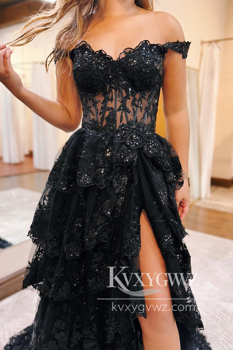 Periwinkle Tulle Appliques Evening Gown Off-the-Shoulder Ruffle Long Prom Dress LF1101