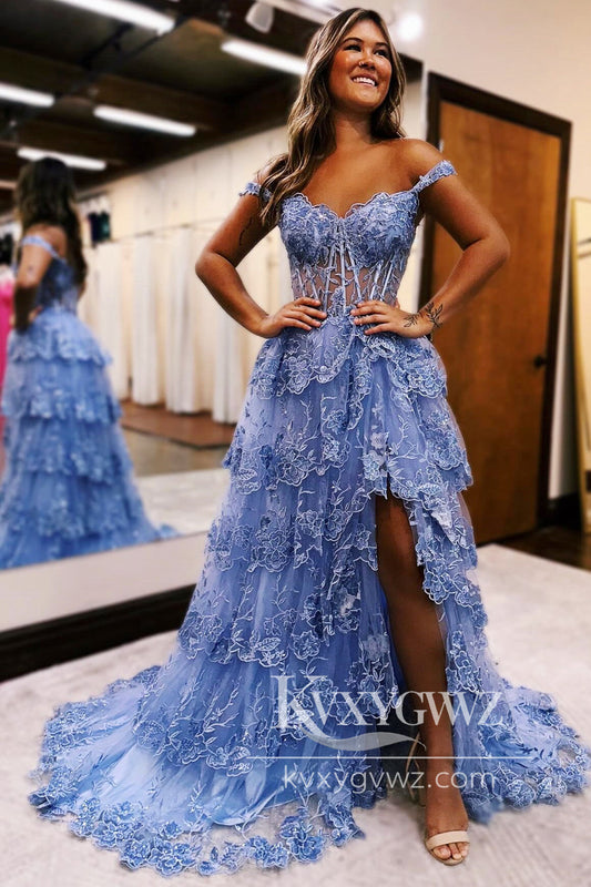 Periwinkle Tulle Appliques Evening Gown Off-the-Shoulder Ruffle Long Prom Dress LF1101