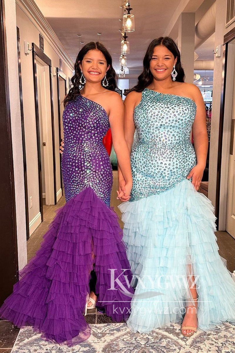 Purple One Shoulder Evening Gown Tulle Beaded Ruffle Mermaid Long Prom Dress  LF1102