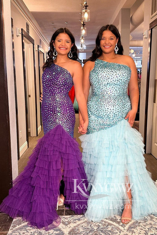 Purple One Shoulder Evening Gown Tulle Beaded Ruffle Mermaid Long Prom Dress  LF1102