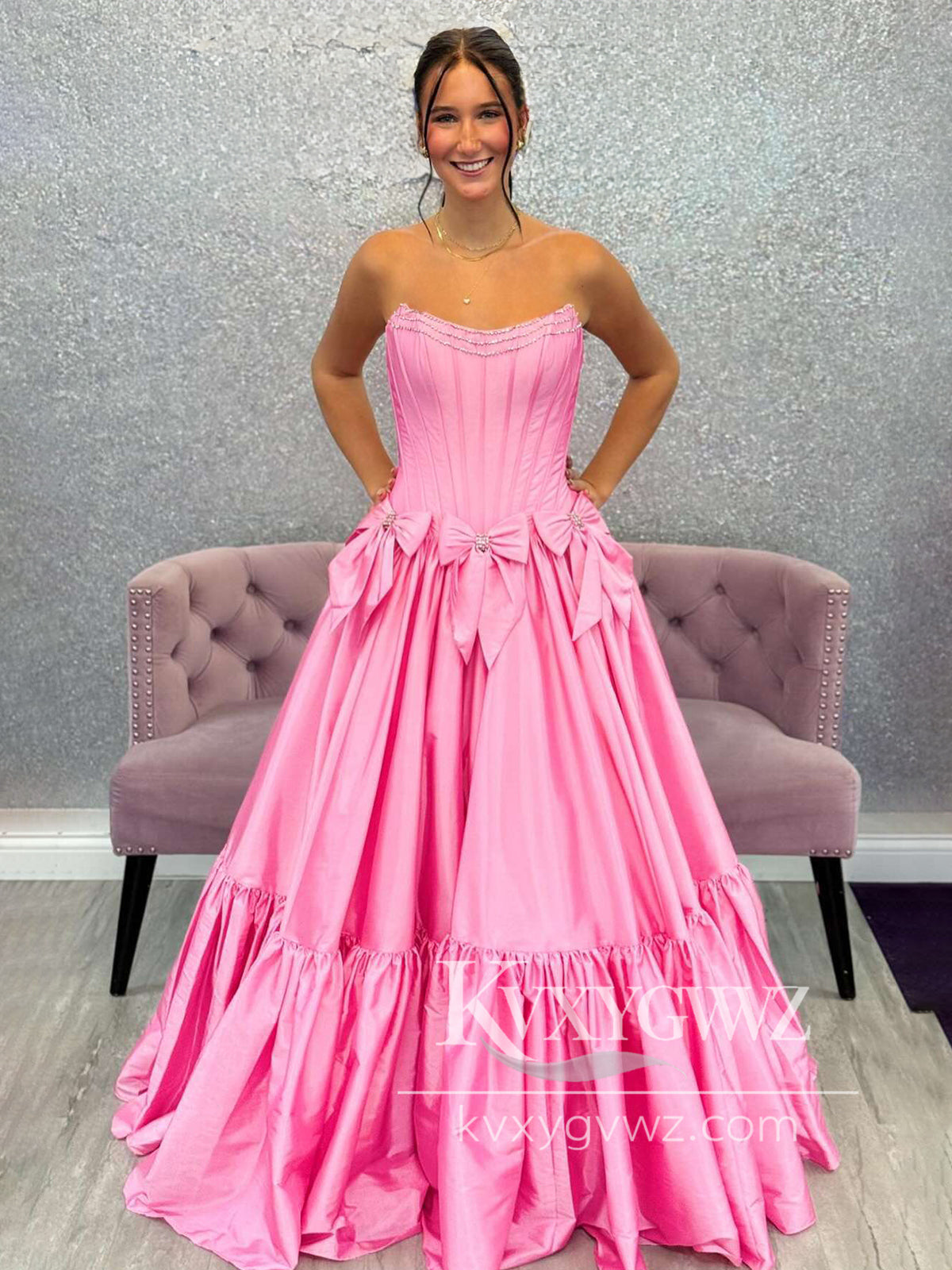 Sweet Ball Gown Scoop Neck Evening Gown Taffeta Pink Long Prom Dress LF1106