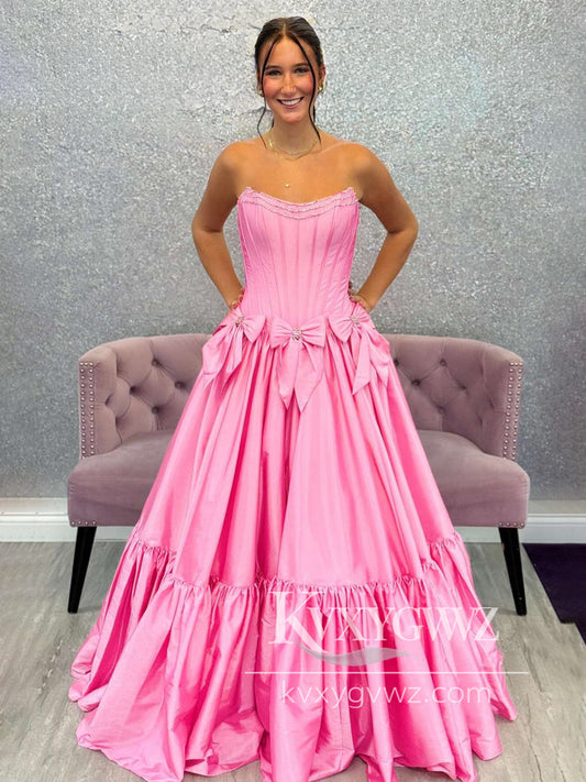 Sweet Ball Gown Scoop Neck Evening Gown Taffeta Pink Long Prom Dress LF1106