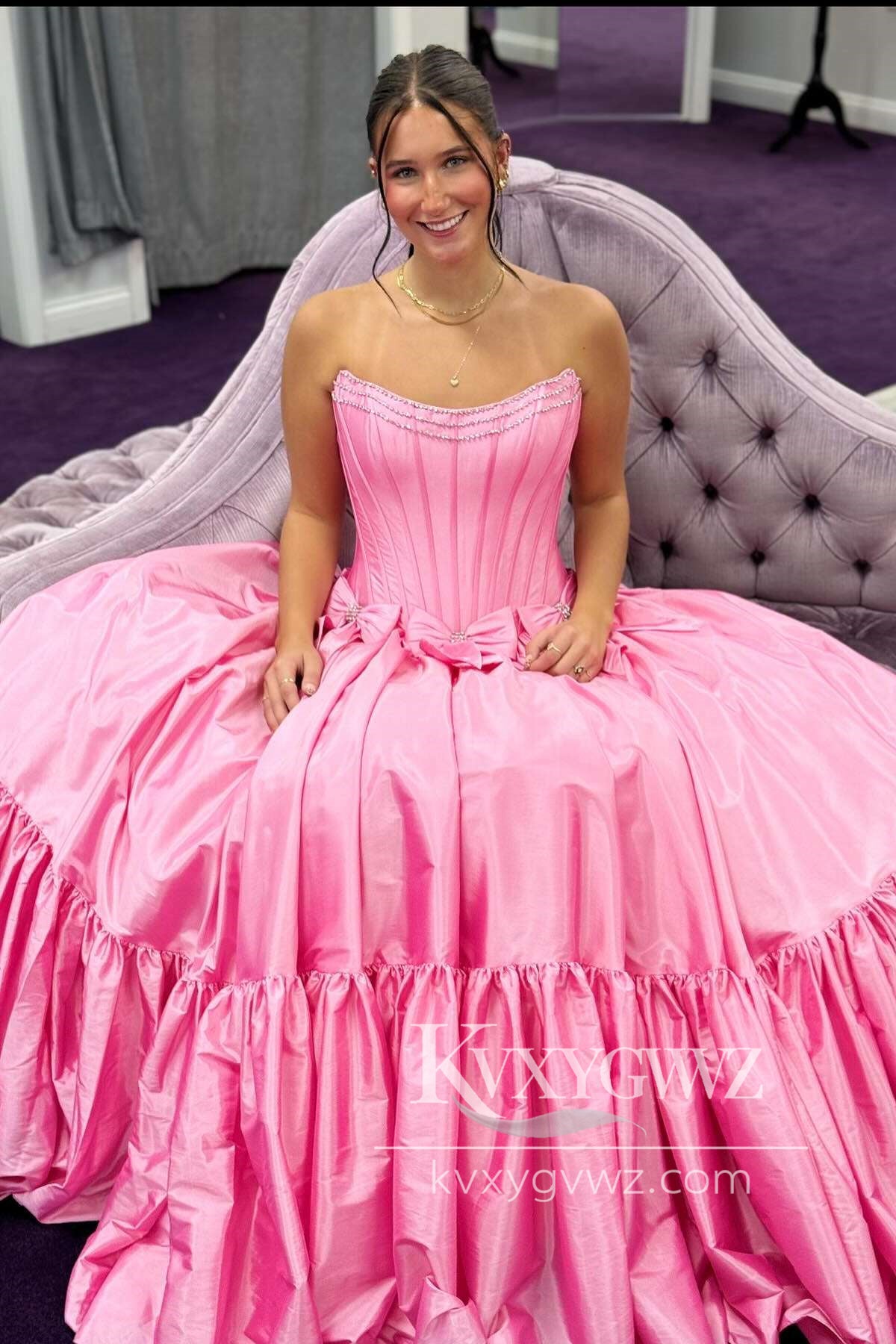 Sweet Ball Gown Scoop Neck Evening Gown Taffeta Pink Long Prom Dress LF1106