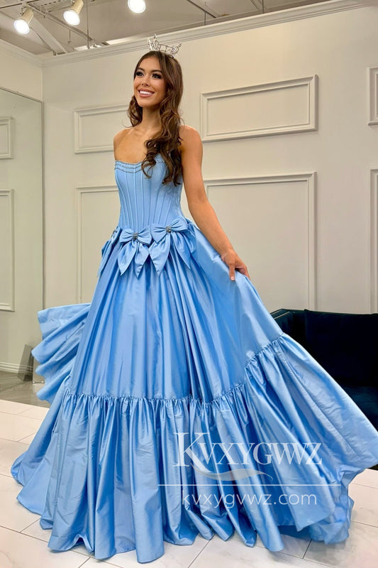 Sweet Ball Gown Scoop Neck Evening Gown Taffeta Pink Long Prom Dress LF1106