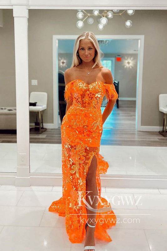 Orange Mermaid Evening Gown Sequin Lace Long Prom Dress with Detachable Shoulder Straps LF1107