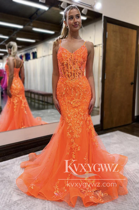 Stunning Mermaid V Neck Straps Evening Gown Orange Sequins with Tulle Long Prom Dress LF1108