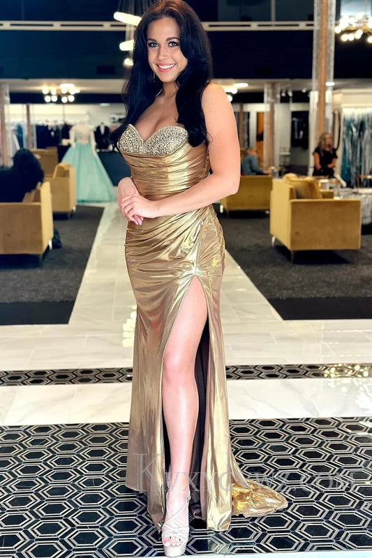Sparkly Golden Beaded Metallic Long Prom Dress with Slit LF111