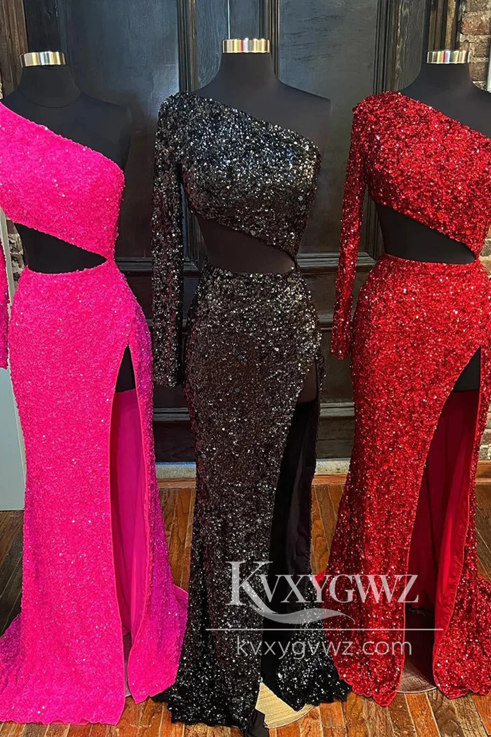 Sheath One Shoulder Evening Gown Red Sequins Long Prom Dress with Silt LF1110