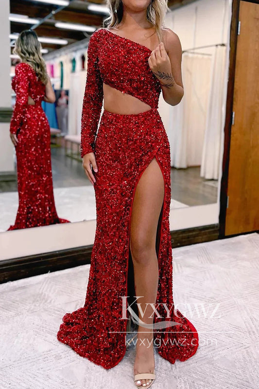 Sheath One Shoulder Evening Gown Red Sequins Long Prom Dress with Silt LF1110
