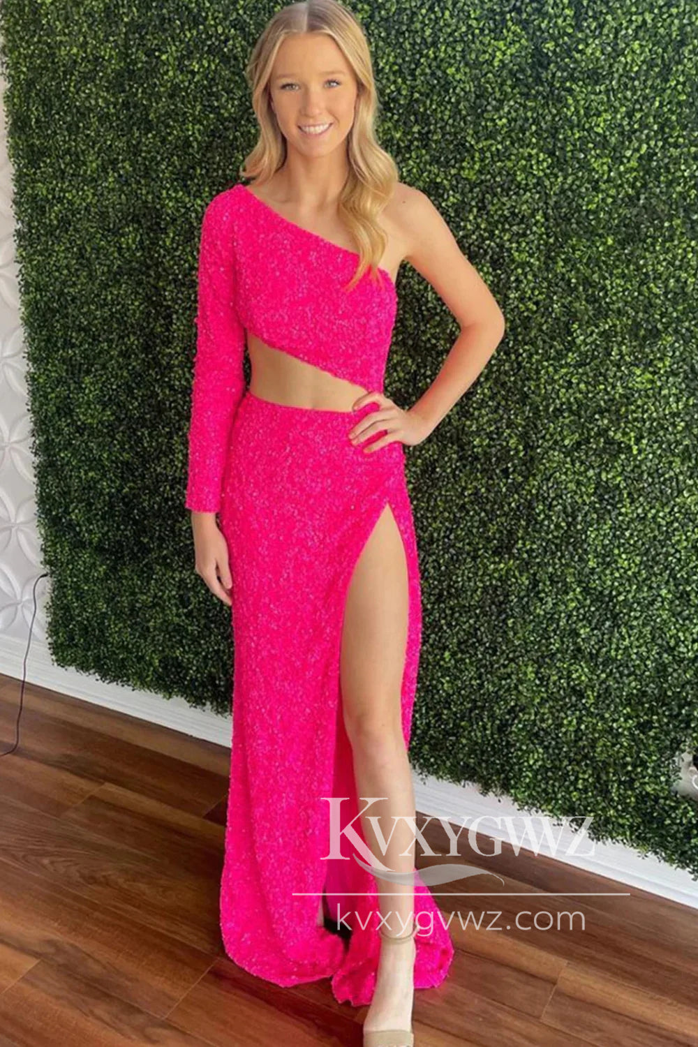Sheath One Shoulder Evening Gown Red Sequins Long Prom Dress with Silt LF1110