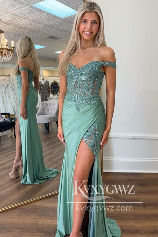 Charming Mermaid Green Evening Gown Off the Shoulder Satin Prom Dress With Slit LF1111