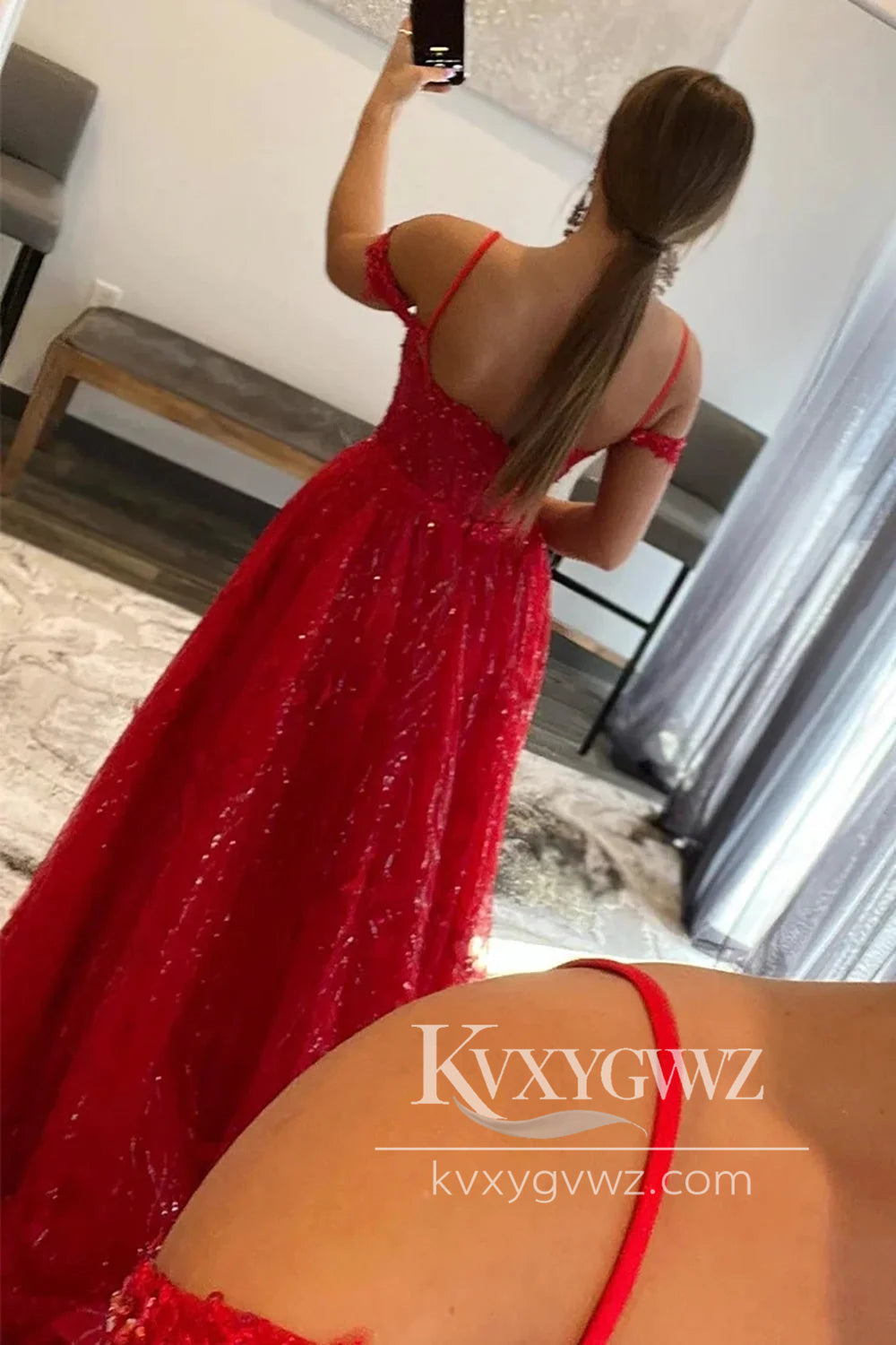 Red A-Line Evening Gown Spaghetti Strap Off the Shoulder Sequin Lace Prom Dress LF1112