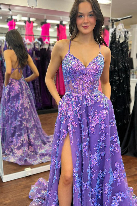 Stunging A Line V Neck Purple Sequins Lace Long Prom Dress Gown with Slit LF1203