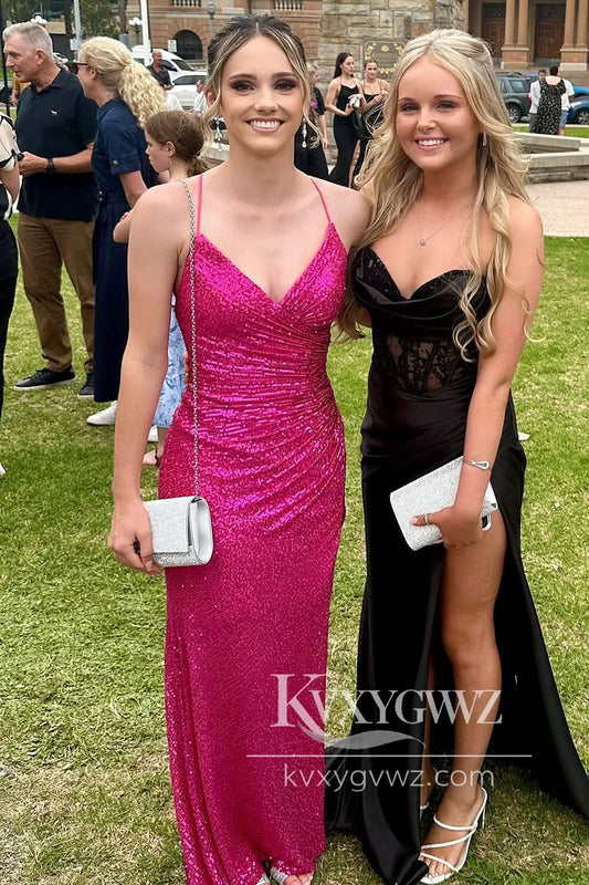 Chic Mermaid V Neck Evening Gown Fuchsia Sequins Long Party Prom Dress with Slit LF1113
