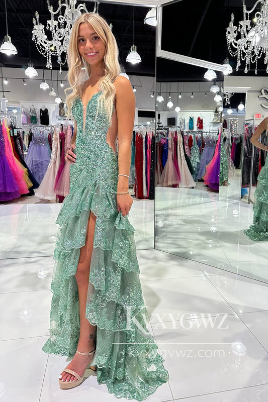 Spaghetti Strap Stunning V Neck Evening Gown Sage Green Slit Prom Dress with Sequins Appliques LF1114