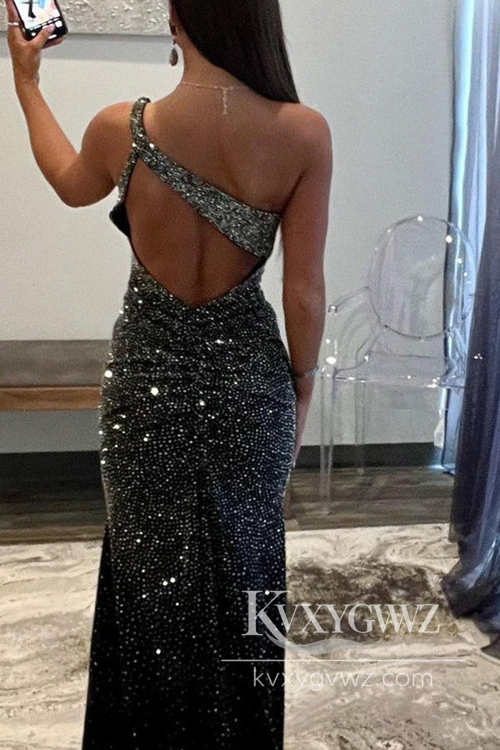 Dazzling Mermaid One Shoulder Evening Gown Black Beaded Satin Prom Dress with Split LF1115