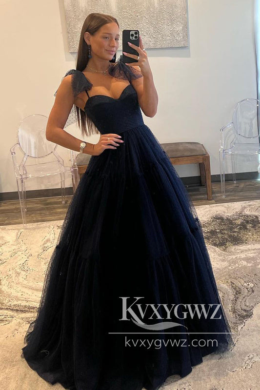 Spaghetti Strap Sweetheart Navy Blue Evening Gown Tulle Long Prom Dress LF1116