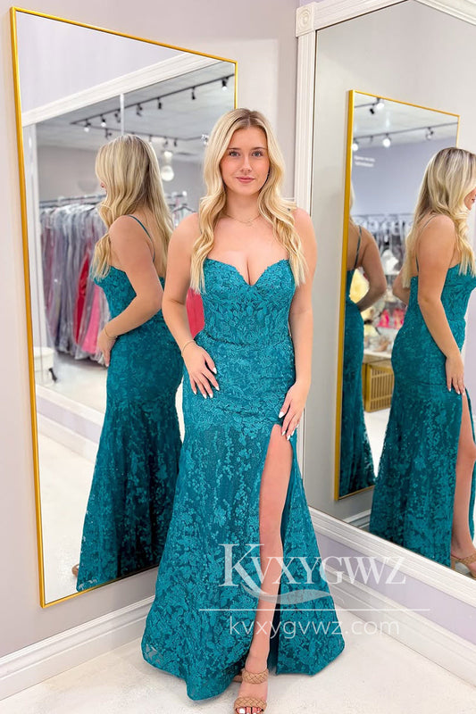 Glamorous Mermaid Evening Gown Sweetheart Teal Lace Long Prom Dress with Slit LF1117