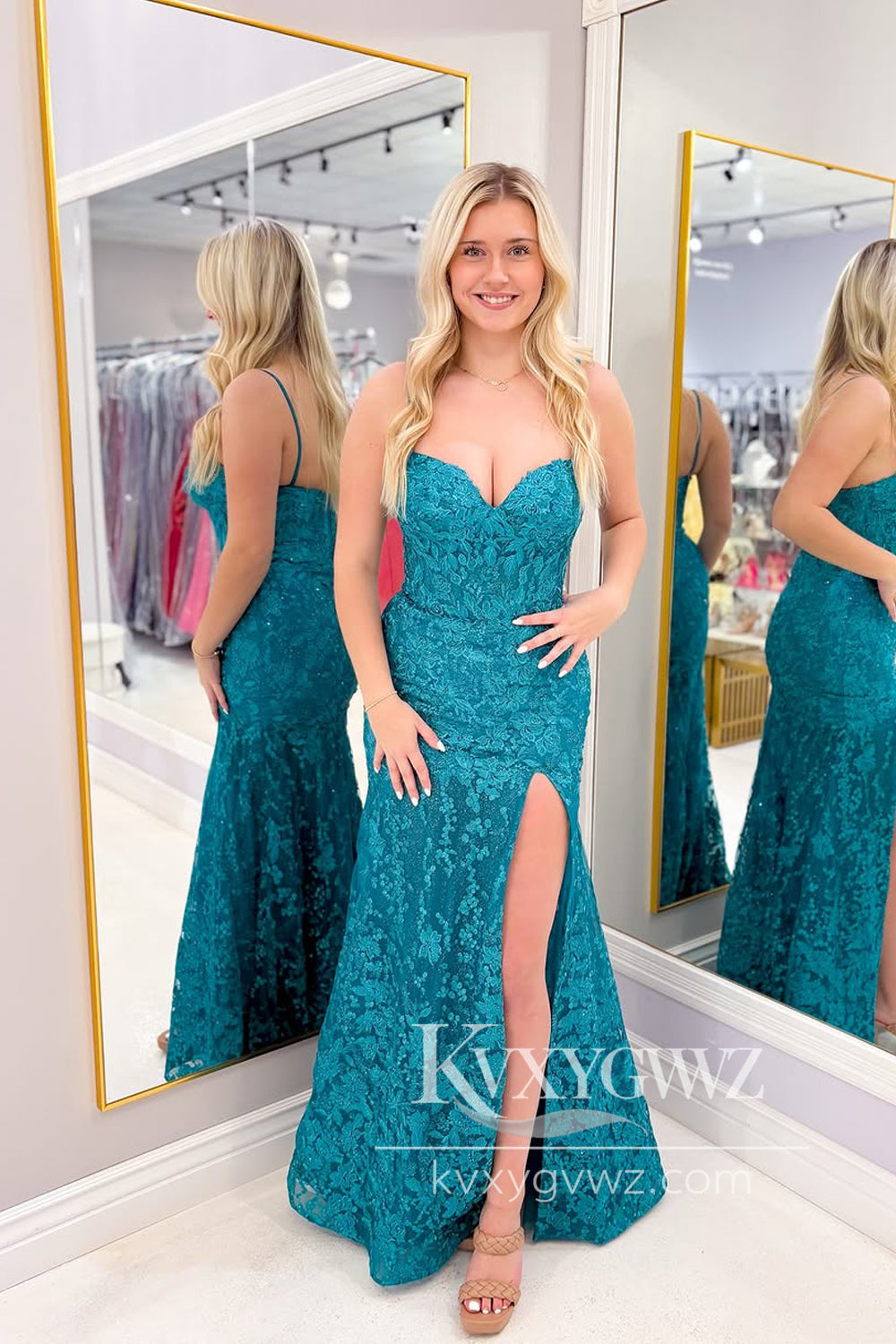 Glamorous Mermaid Evening Gown Sweetheart Teal Lace Long Prom Dress with Slit LF1117
