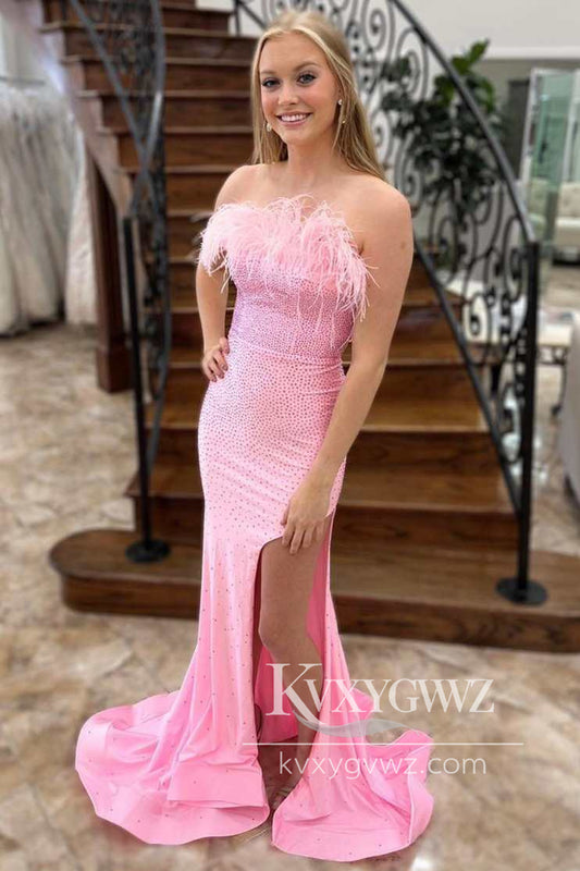 Pink Beaded Feather Evening Gown Strapless Lace-Up Mermaid Long Prom Dress LF1118