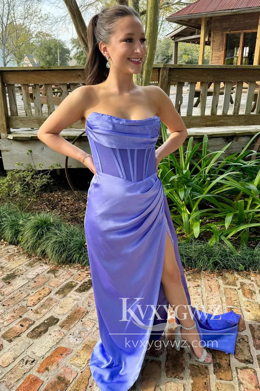 Periwinkle Strapless Evening Gown Pleated Prom Dress with Attached Train LF1119