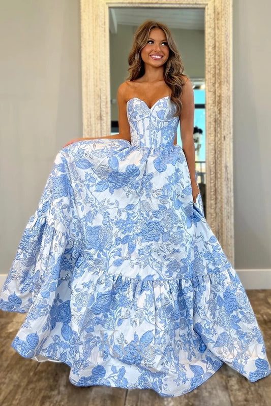 Sweetheart A-Line Blue Floral Corset Long Prom Dress LF112
