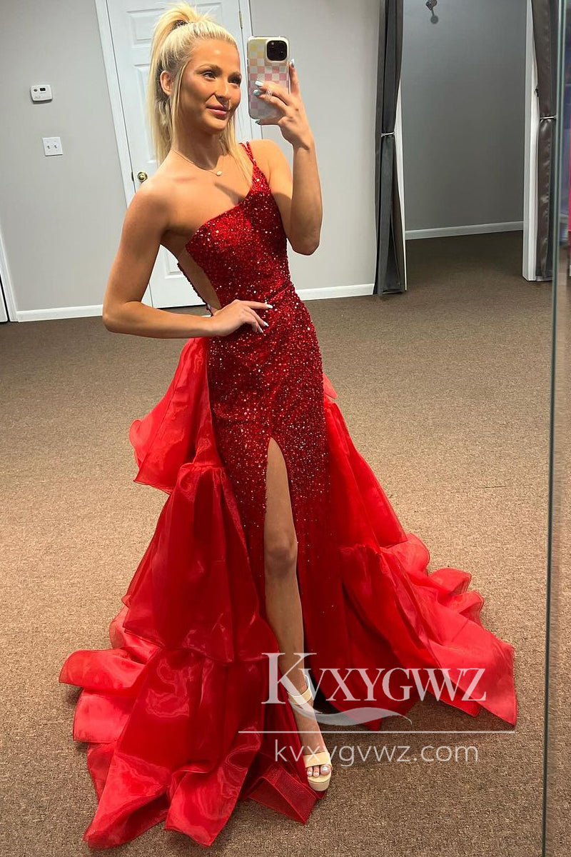 Red One Shoulder Sequins Evening Gown Mermaid Long Prom Dress Gown with Slit LF1120