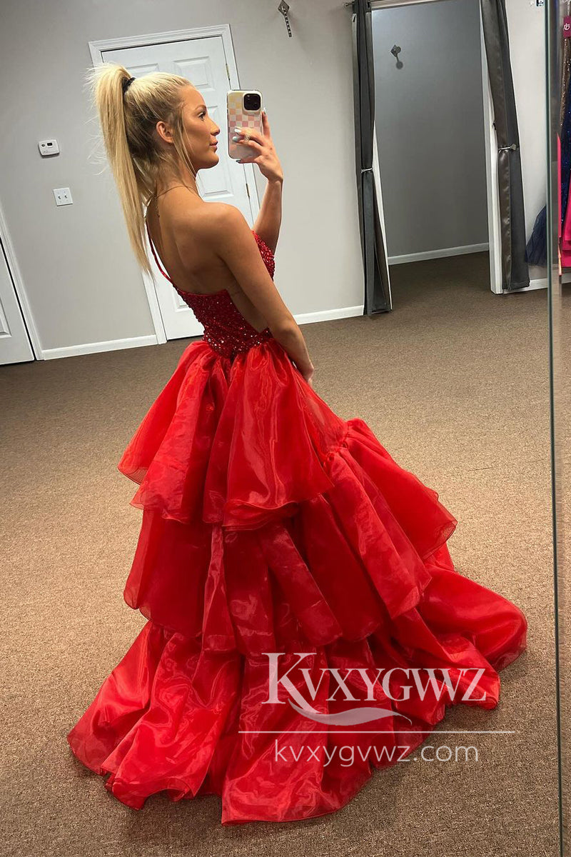 Red One Shoulder Sequins Evening Gown Mermaid Long Prom Dress Gown with Slit LF1120