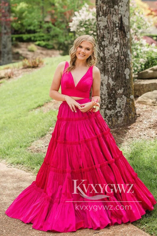 Pink Two Piece V Neck Satin Evening Gown A-Line Sweep Train Prom Dress LF1121